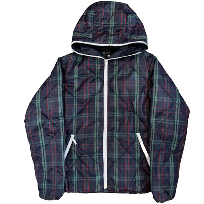 Takeo Kikuchi Diamond Stitch Plaid Puffer Jacket In Navy & Green (M) | Medium, Green