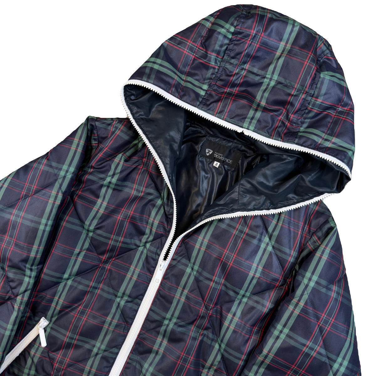 Takeo Kikuchi Diamond Stitch Plaid Puffer Jacket In Navy & Green (M) | Medium, Green