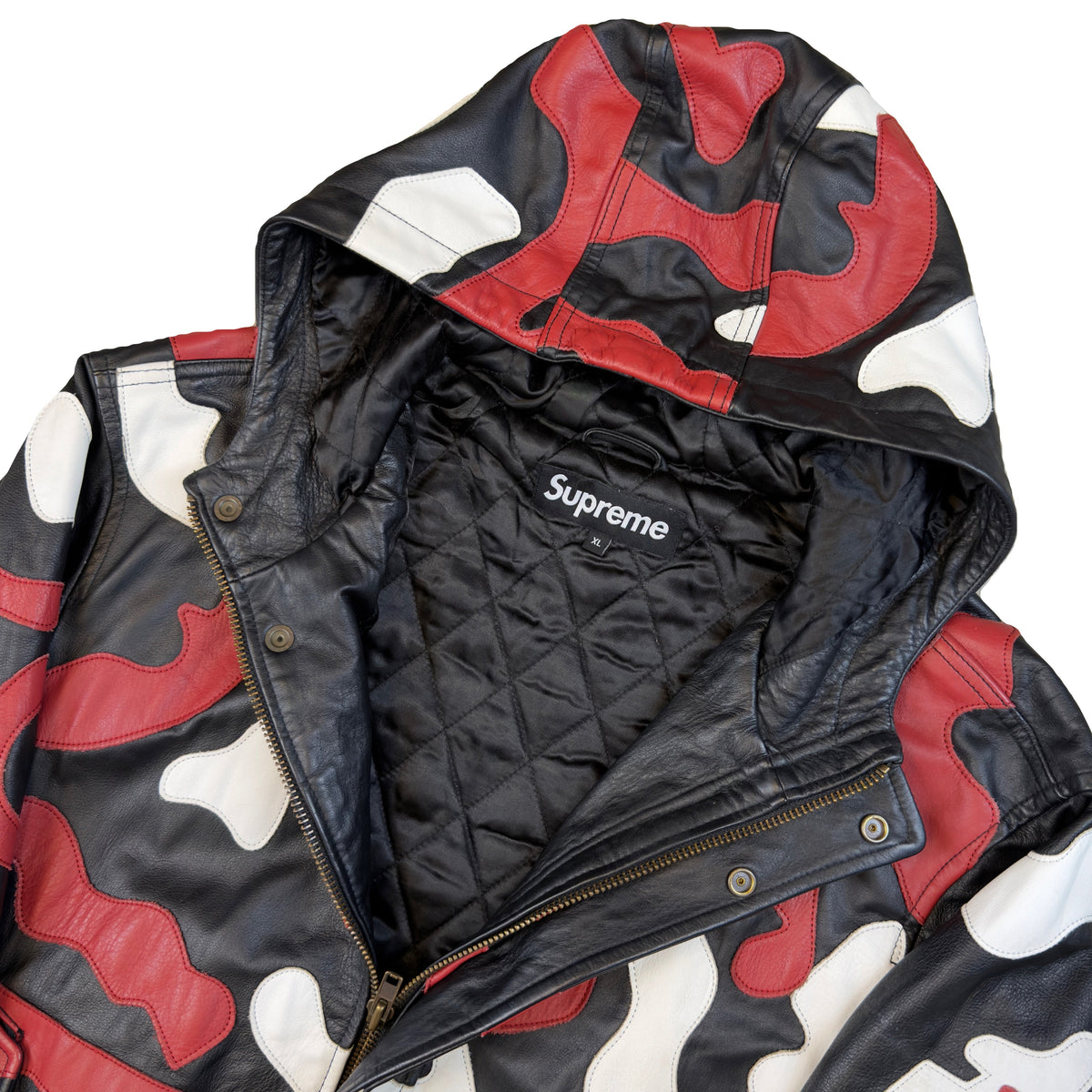Supreme Camo Hooded Leather Jacket (XL) | XL, Camo