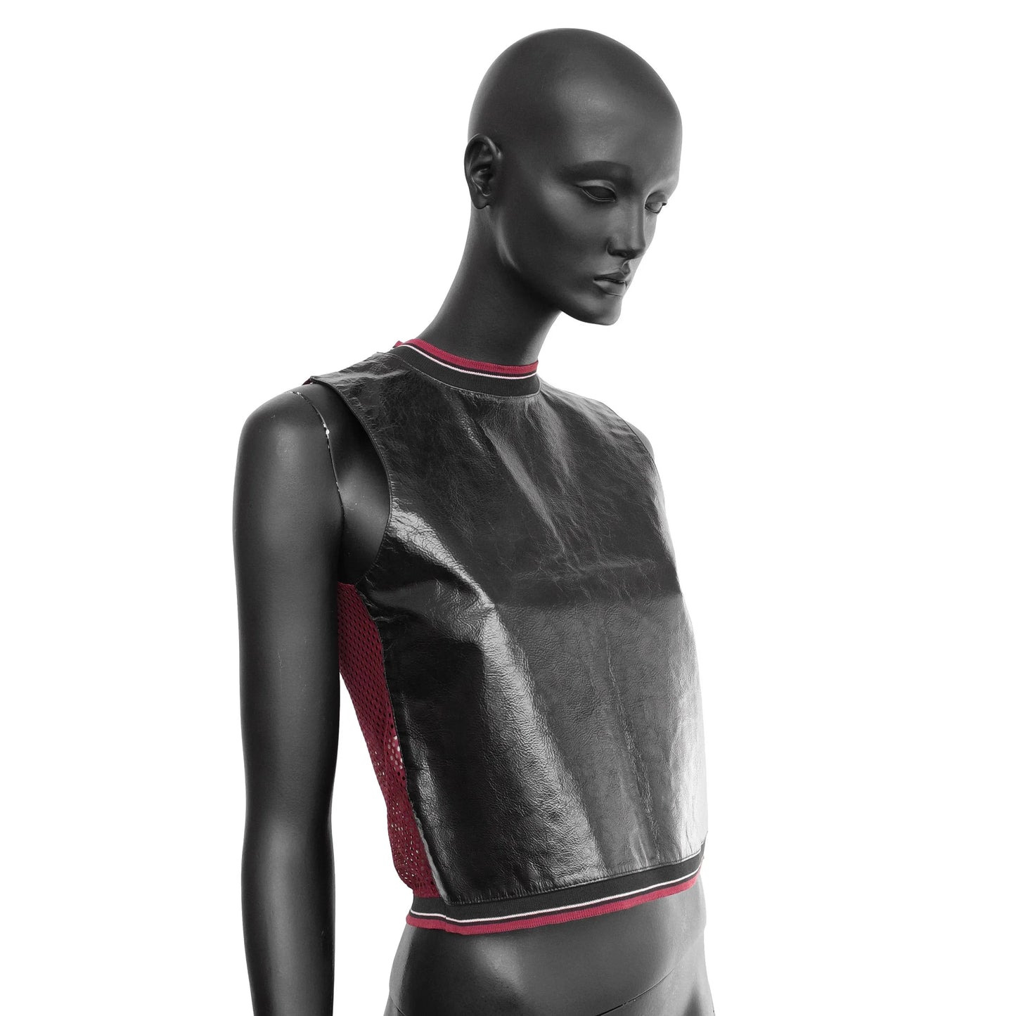 Miu Miu SS 2000 leather vest top with a burgundy mesh back and rib knit trims, size IT 40 / UK 8, available at Artefact Archive.