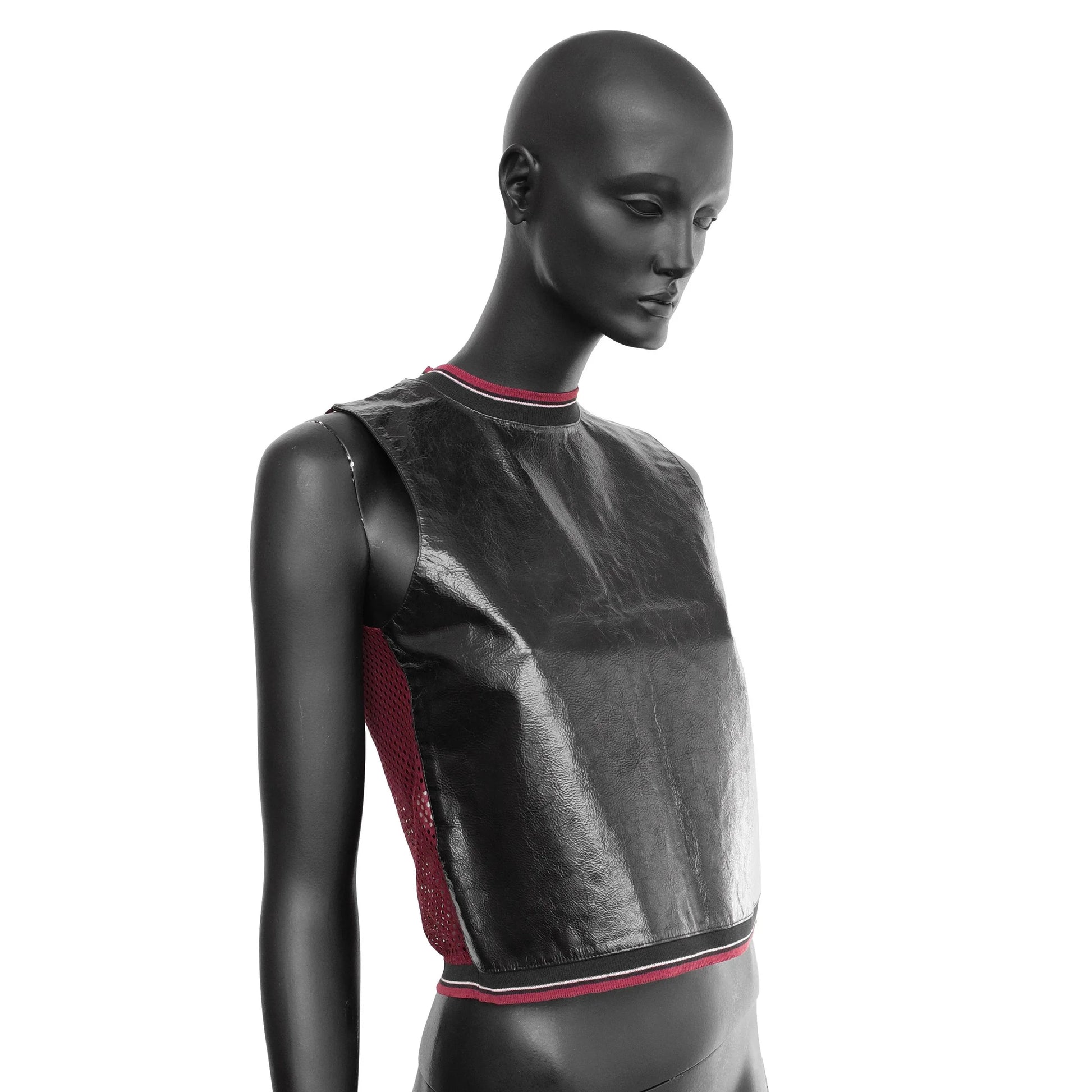 Miu Miu SS 2000 leather vest top with a burgundy mesh back and rib knit trims, size IT 40 / UK 8, available at Artefact Archive.