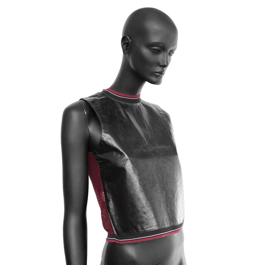 Miu Miu SS 2000 leather vest top with a burgundy mesh back and rib knit trims, size IT 40 / UK 8, available at Artefact Archive.