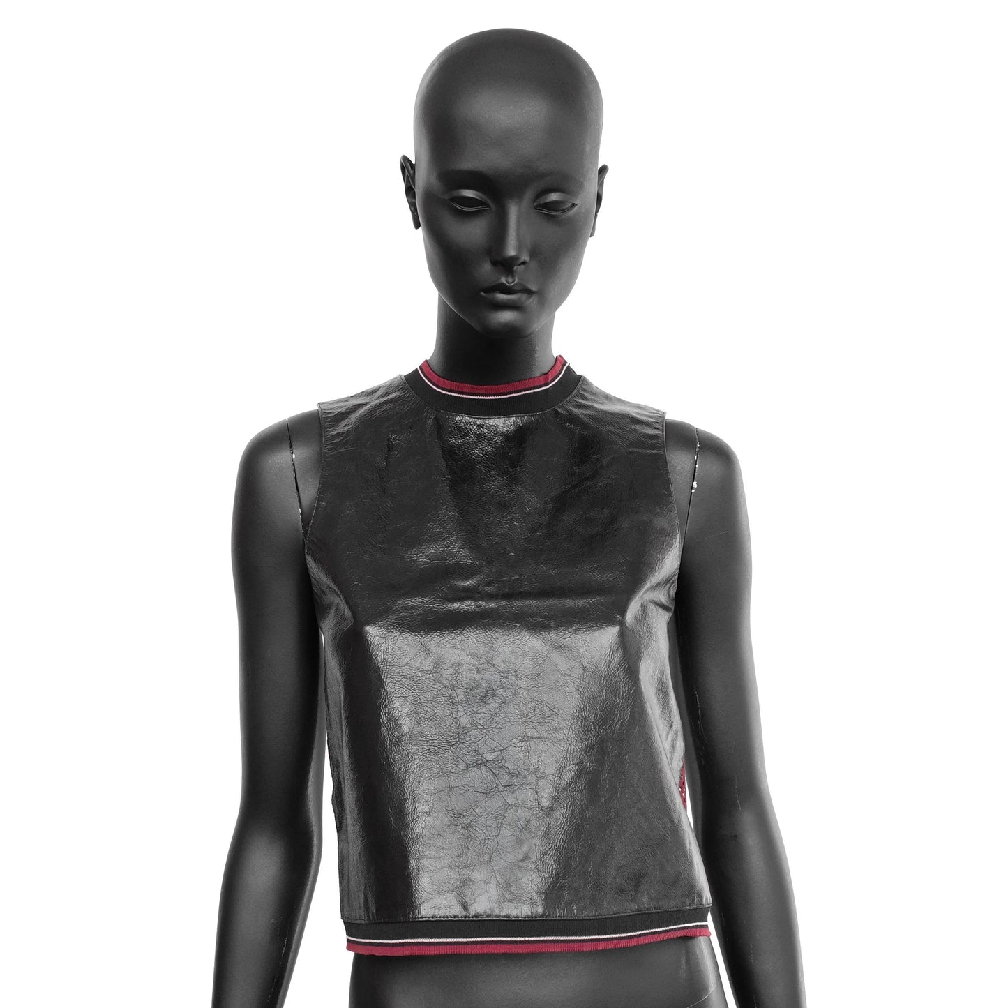 Miu Miu SS 2000 leather vest top with a burgundy mesh back and rib knit trims, size IT 40 / UK 8, available at Artefact Archive.