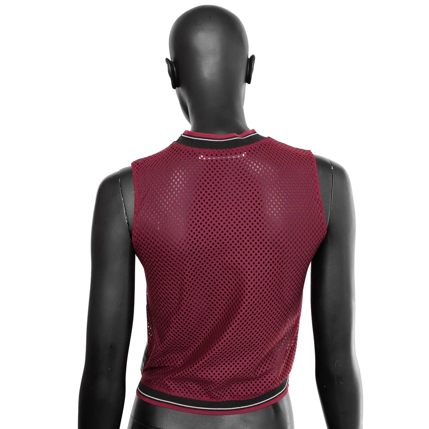 Miu Miu SS 2000 leather vest top with a burgundy mesh back and rib knit trims, size IT 40 / UK 8, available at Artefact Archive.