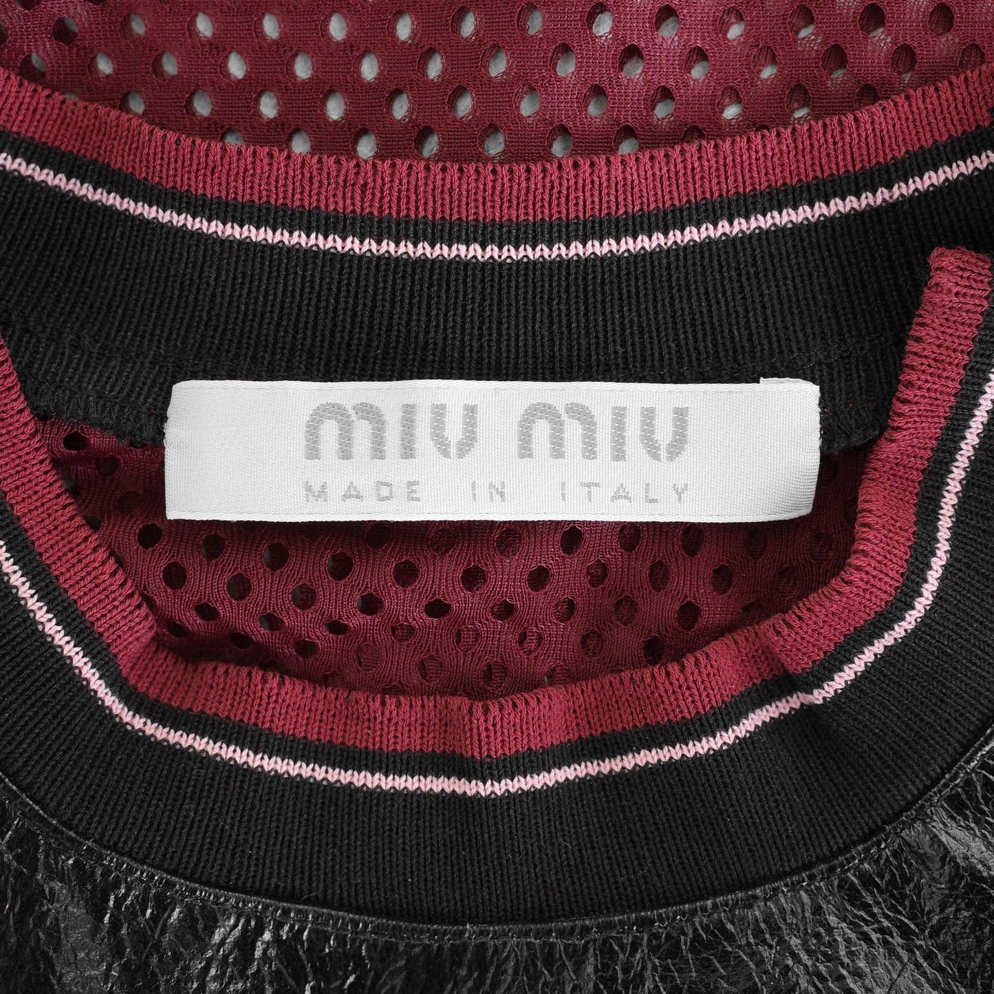 Miu Miu SS 2000 leather vest top with a burgundy mesh back and rib knit trims, size IT 40 / UK 8, available at Artefact Archive.