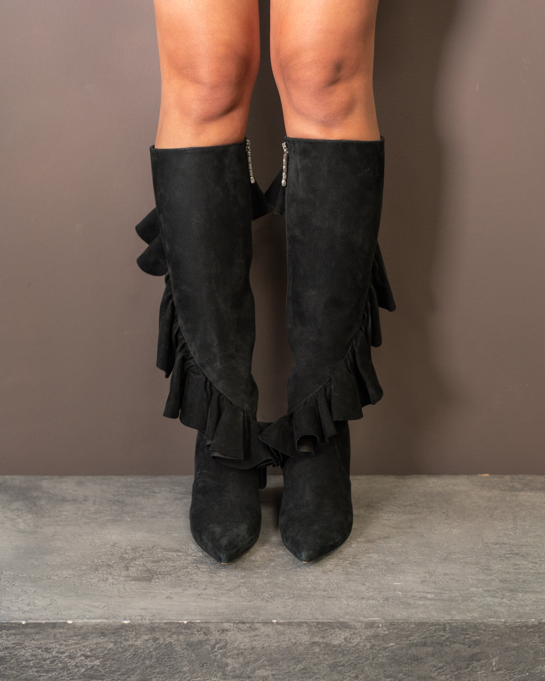 JW ANDERSON RUFFLE KNEE HIGH SUEDE BOOTS (EU 37)