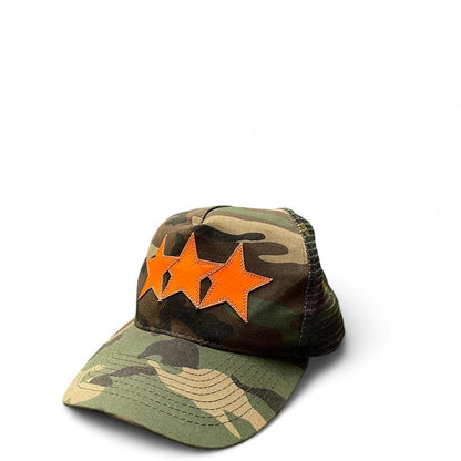 Chrome Hearts Triple Star Logo Leather Patch Camo Orange Trucker Cap | O/S, Camo