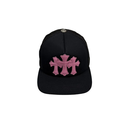 Chrome Hearts 3 Pink Leather Cross Patch Trucker Cap Black | O/S, Black