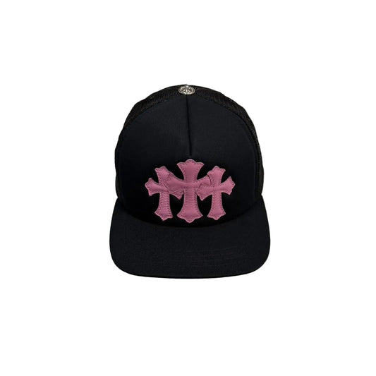 Chrome Hearts 3 Pink Leather Cross Patch Trucker Cap Black | O/S, Black