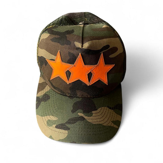 Chrome Hearts Triple Star Logo Leather Patch Camo Orange Trucker Cap | O/S, Camo