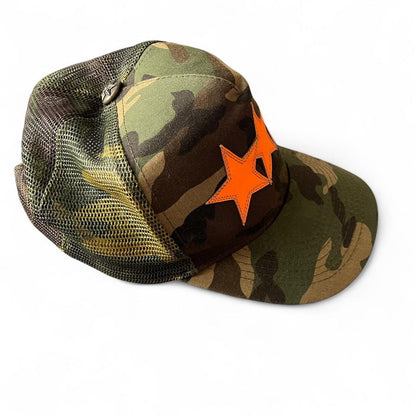 Chrome Hearts Triple Star Logo Leather Patch Camo Orange Trucker Cap | O/S, Camo