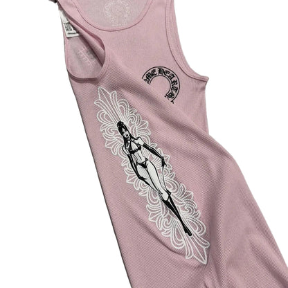 Chrome Hearts Deadly Doll Rib Art Basel Floral Pink Tank Top | Small, Pink