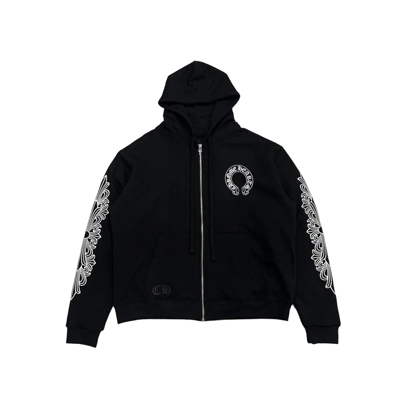 Chrome Hearts Floral Horseshoe Logo Thermal Zip Up Hoodie | Large, Black