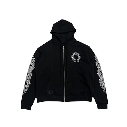 Chrome Hearts Floral Horseshoe Logo Thermal Zip Up Hoodie | Large, Black