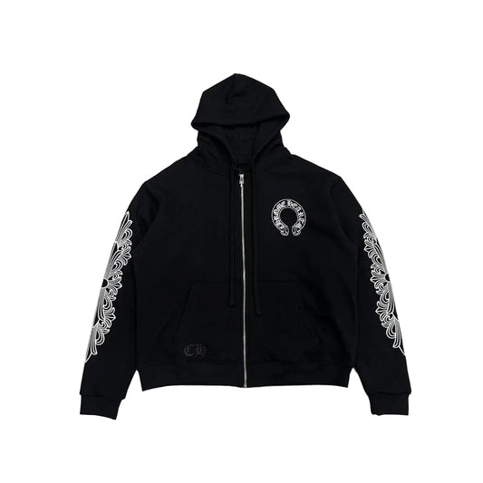 Chrome Hearts Floral Horseshoe Logo Thermal Zip Up Hoodie | Large, Black