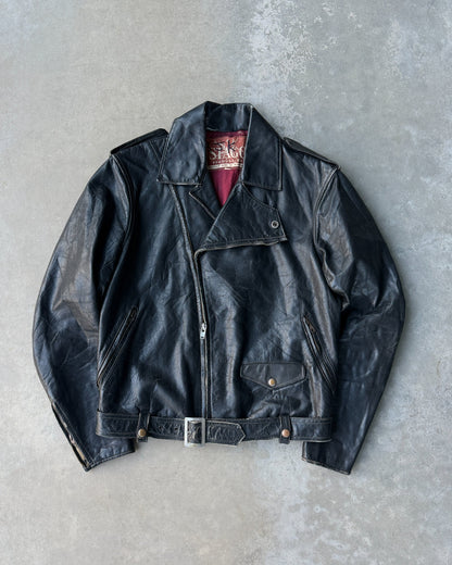 1960s Staggs Leather Moto Jacket – S-on a concrete background