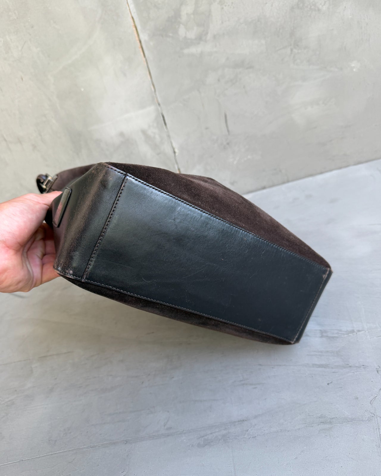 Gucci by Tom Ford Brown Suede and Leather Shoulder Bag-on a concrete background