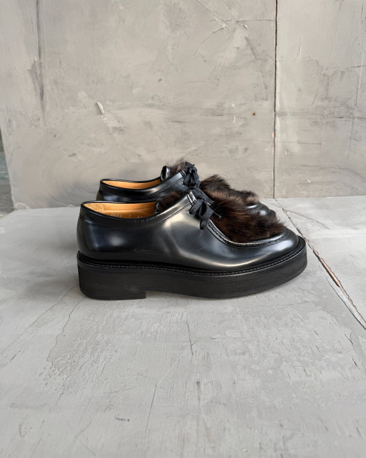 Paul Smith Fur Toe Chunky Derbys – UK 7-on a concrete background