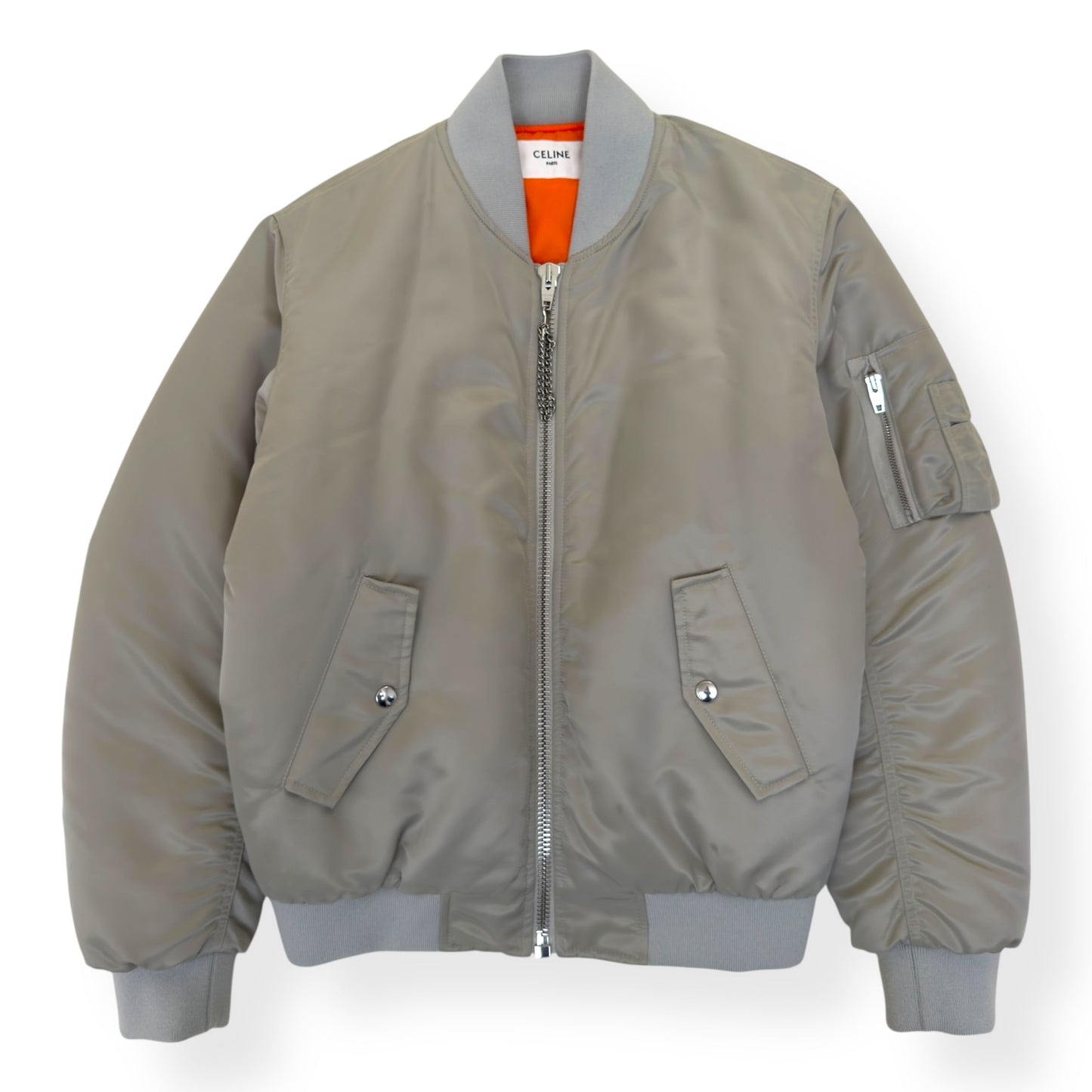 CELINE LOGO-PRINT CHAIN-EMBELLISHED SHELL BOMBER JACKET GREY / BLACK 44 / XXS | XS, Black