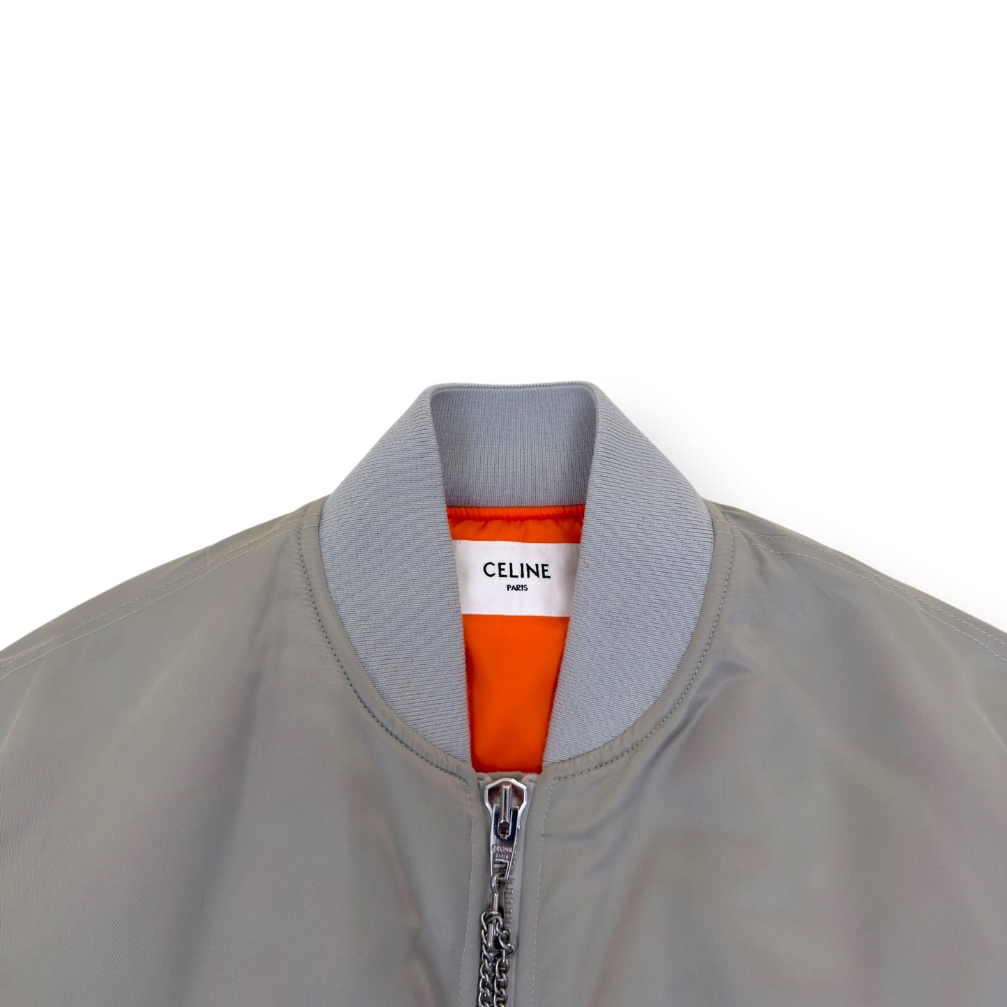 CELINE LOGO-PRINT CHAIN-EMBELLISHED SHELL BOMBER JACKET GREY / BLACK 44 / XXS | XS, Black