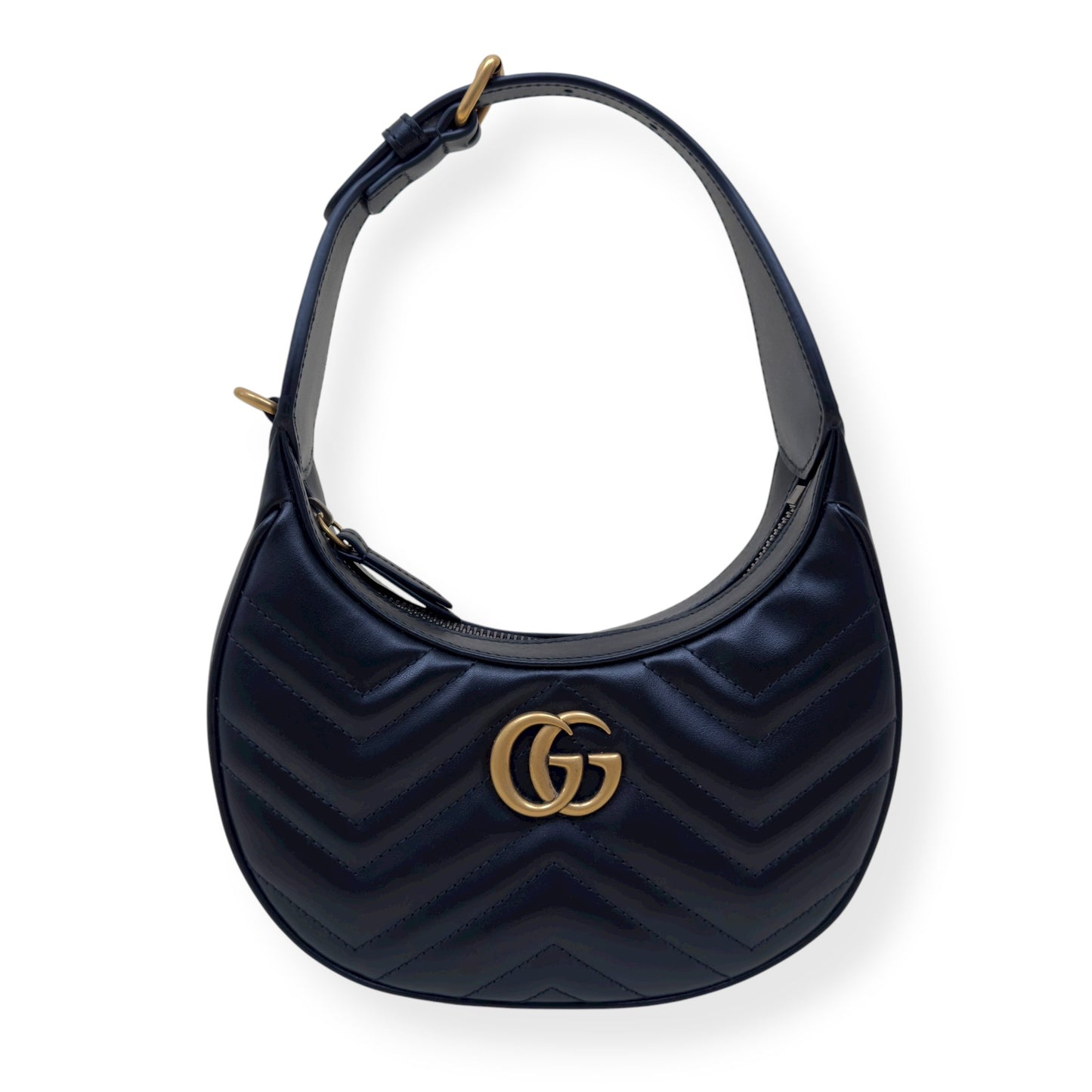 GUCCI CHEVRON LEATHER GG MARMONT HALF-MOON BAG BLACK MINI | O/S, Black