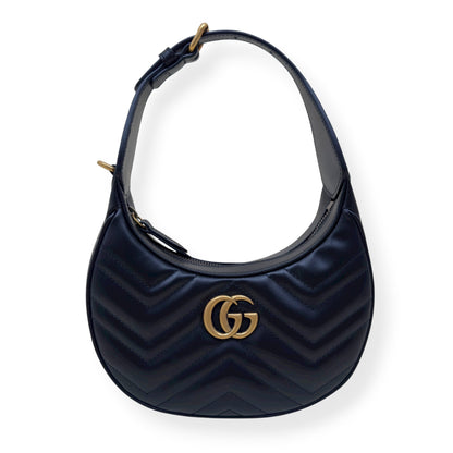 GUCCI CHEVRON LEATHER GG MARMONT HALF-MOON BAG BLACK MINI | O/S, Black