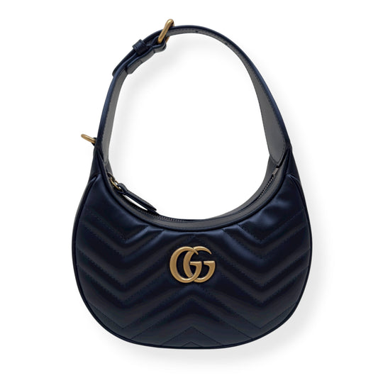 GUCCI CHEVRON LEATHER GG MARMONT HALF-MOON BAG BLACK MINI | O/S, Black