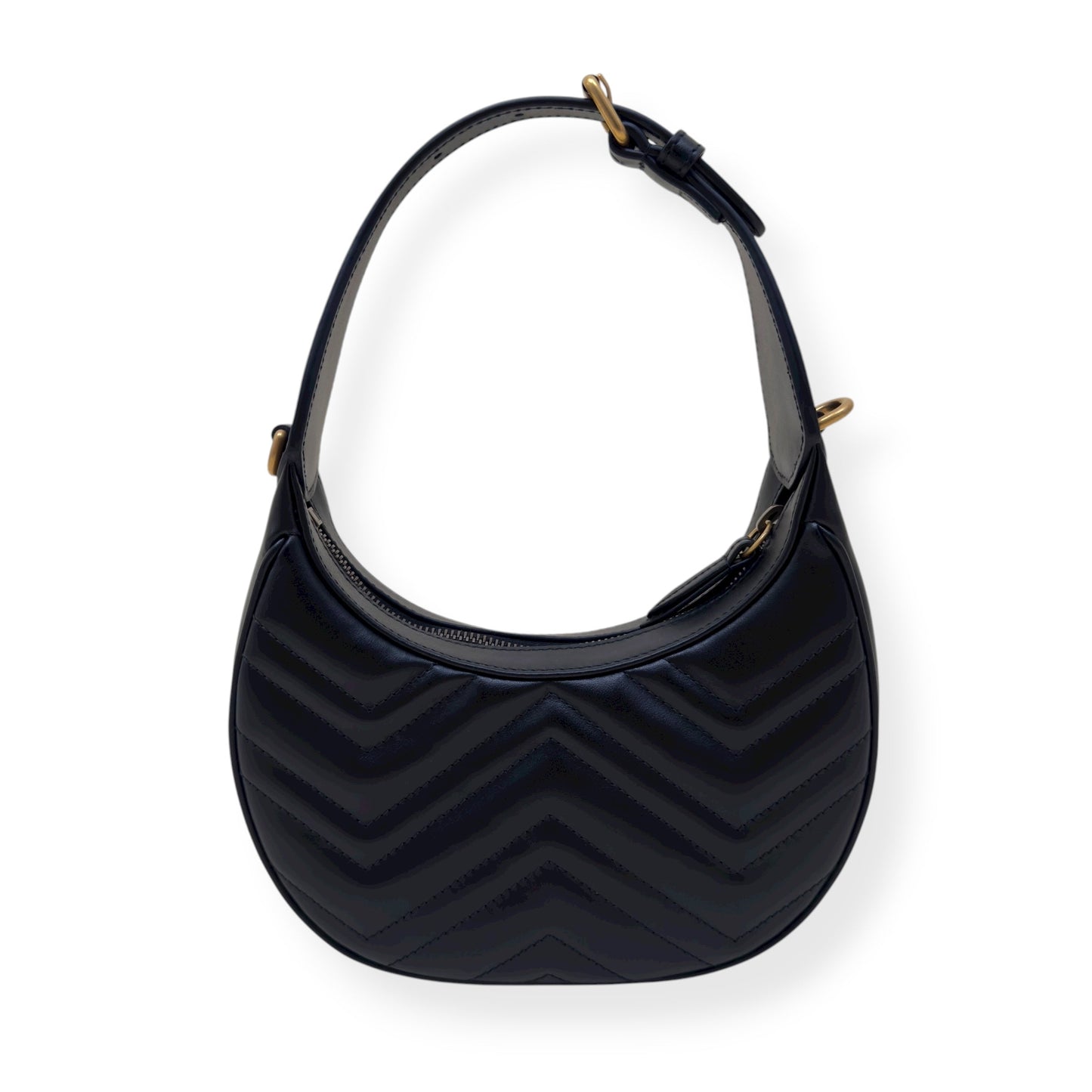 GUCCI CHEVRON LEATHER GG MARMONT HALF-MOON BAG BLACK MINI | O/S, Black
