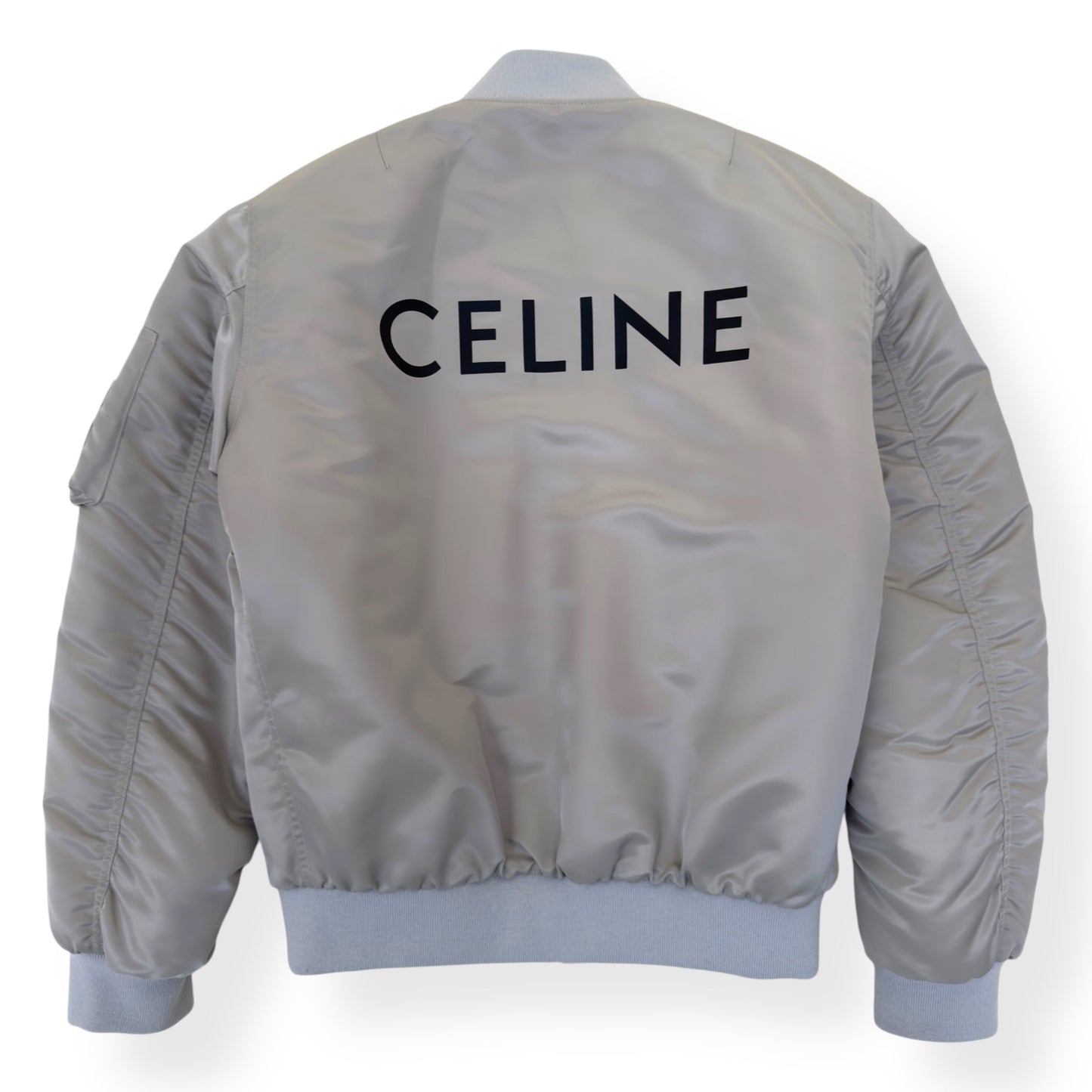 CELINE LOGO-PRINT CHAIN-EMBELLISHED SHELL BOMBER JACKET GREY / BLACK 44 / XXS | XS, Black