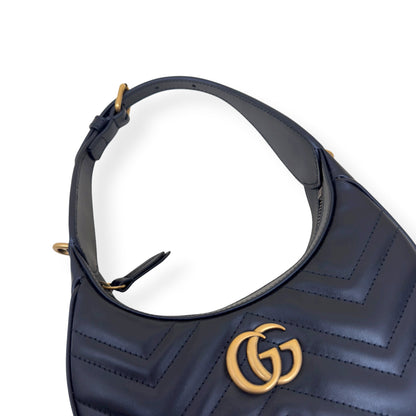 GUCCI CHEVRON LEATHER GG MARMONT HALF-MOON BAG BLACK MINI | O/S, Black