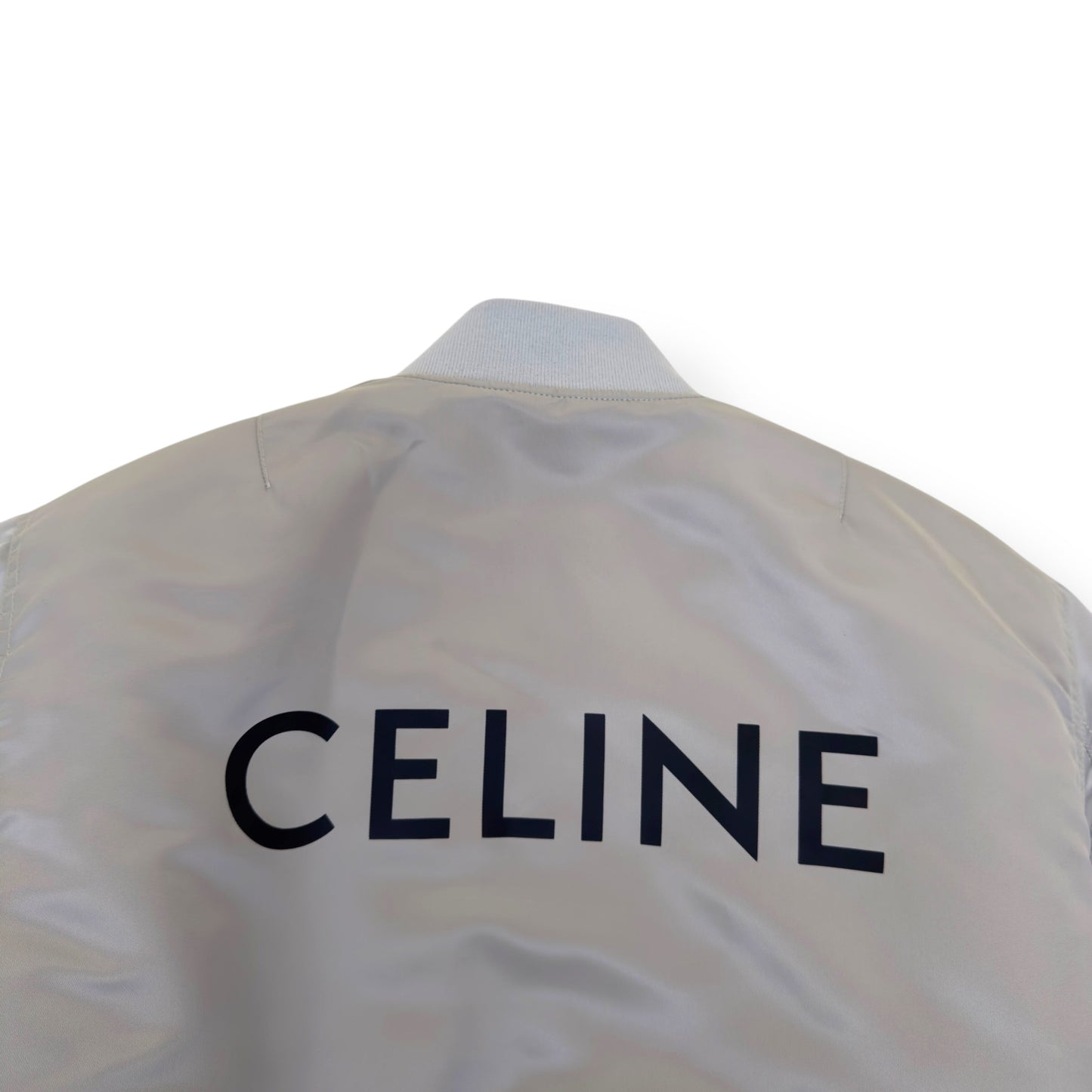 CELINE LOGO-PRINT CHAIN-EMBELLISHED SHELL BOMBER JACKET GREY / BLACK 44 / XXS | XS, Black