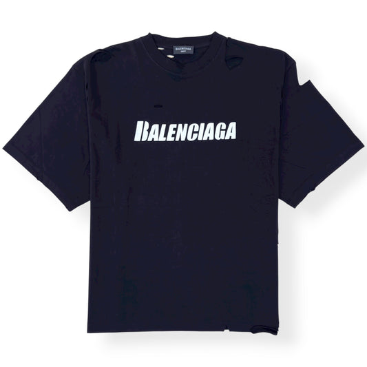 BALENCIAGA OVERSIZED DISTRESSED LOGO T-SHIRT BLACK / WHITE S | Small, Black