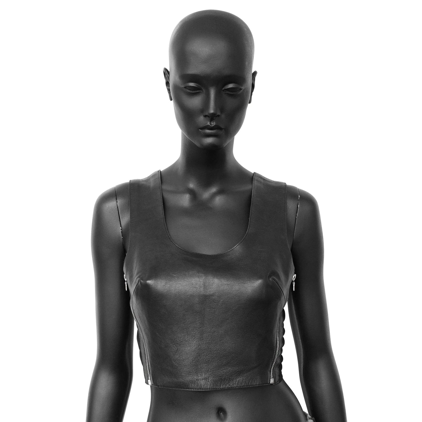 Plein Sud 2000s leather crop top with mesh side panels and zipper details. Size S/M. Available at Artefact Archive.