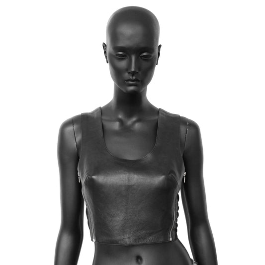 Plein Sud 2000s leather crop top with mesh side panels and zipper details. Size S/M. Available at Artefact Archive.