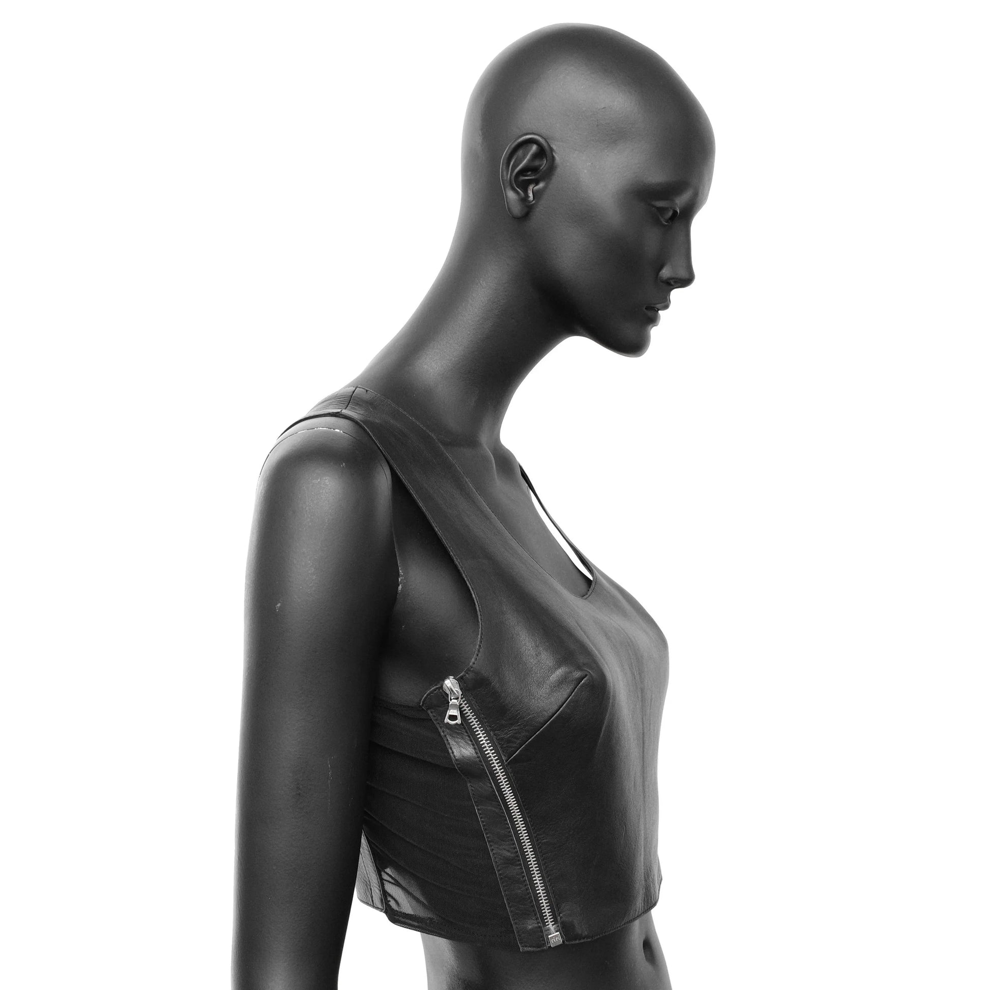 Plein Sud 2000s leather crop top with mesh side panels and zipper details. Size S/M. Available at Artefact Archive.