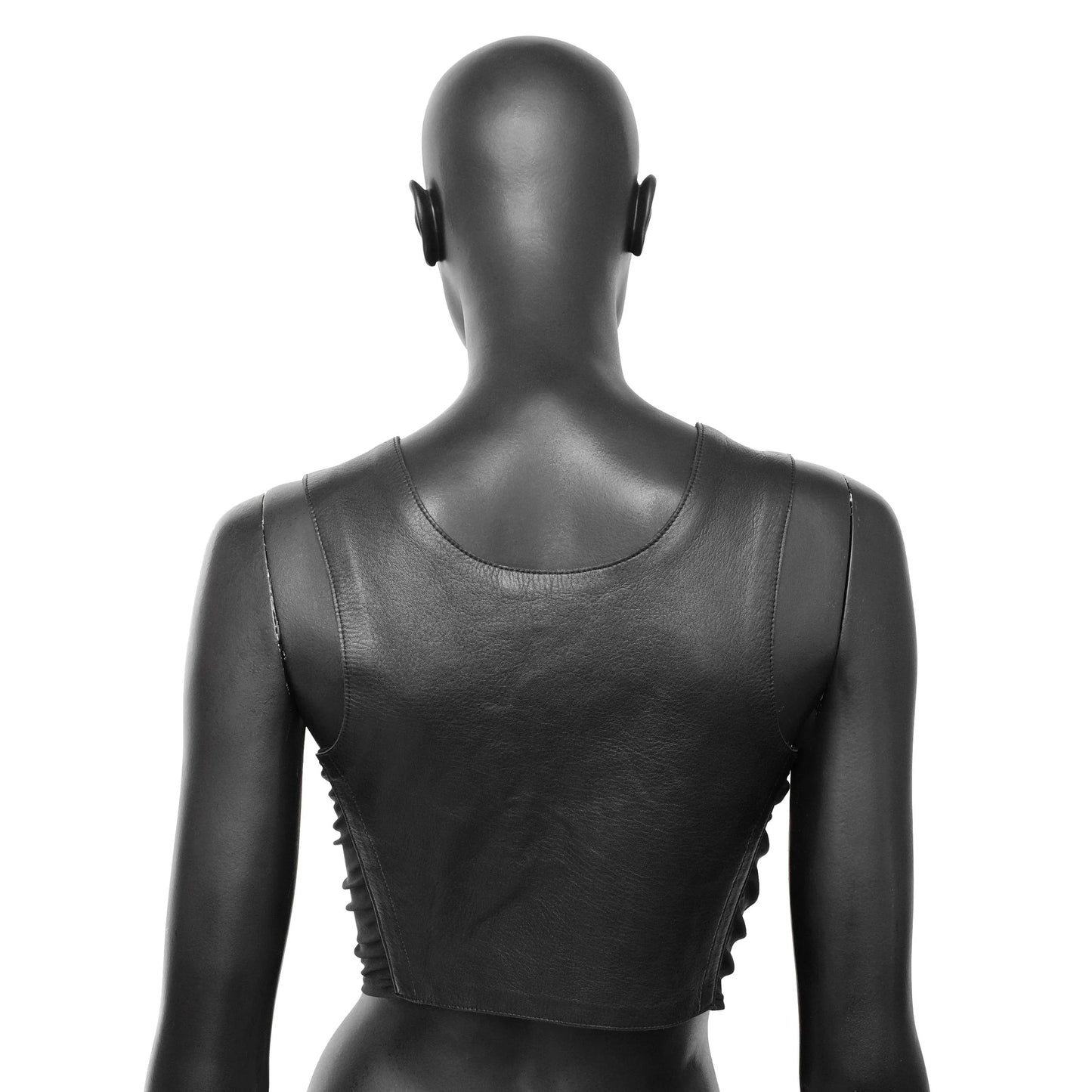 Plein Sud 2000s leather crop top with mesh side panels and zipper details. Size S/M. Available at Artefact Archive.