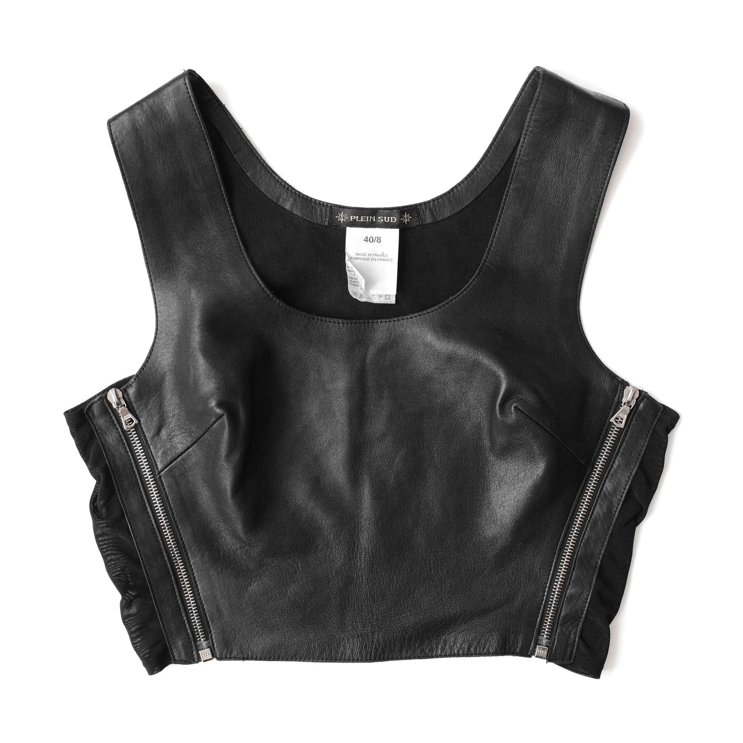 Plein Sud 2000s leather crop top with mesh side panels and zipper details. Size S/M. Available at Artefact Archive.