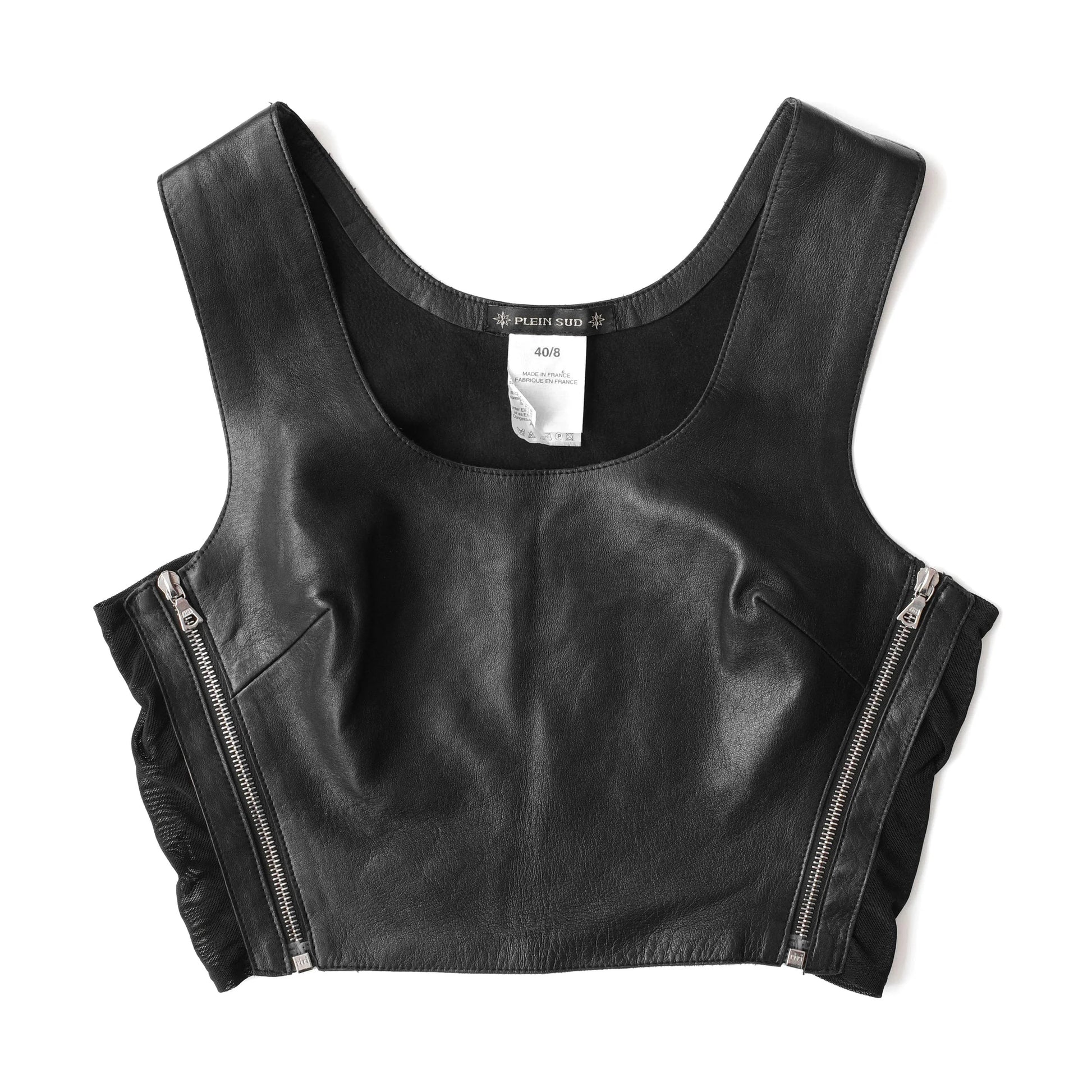 Plein Sud 2000s leather crop top with mesh side panels and zipper details. Size S/M. Available at Artefact Archive.
