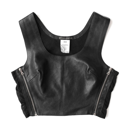 Plein Sud 2000s leather crop top with mesh side panels and zipper details. Size S/M. Available at Artefact Archive.