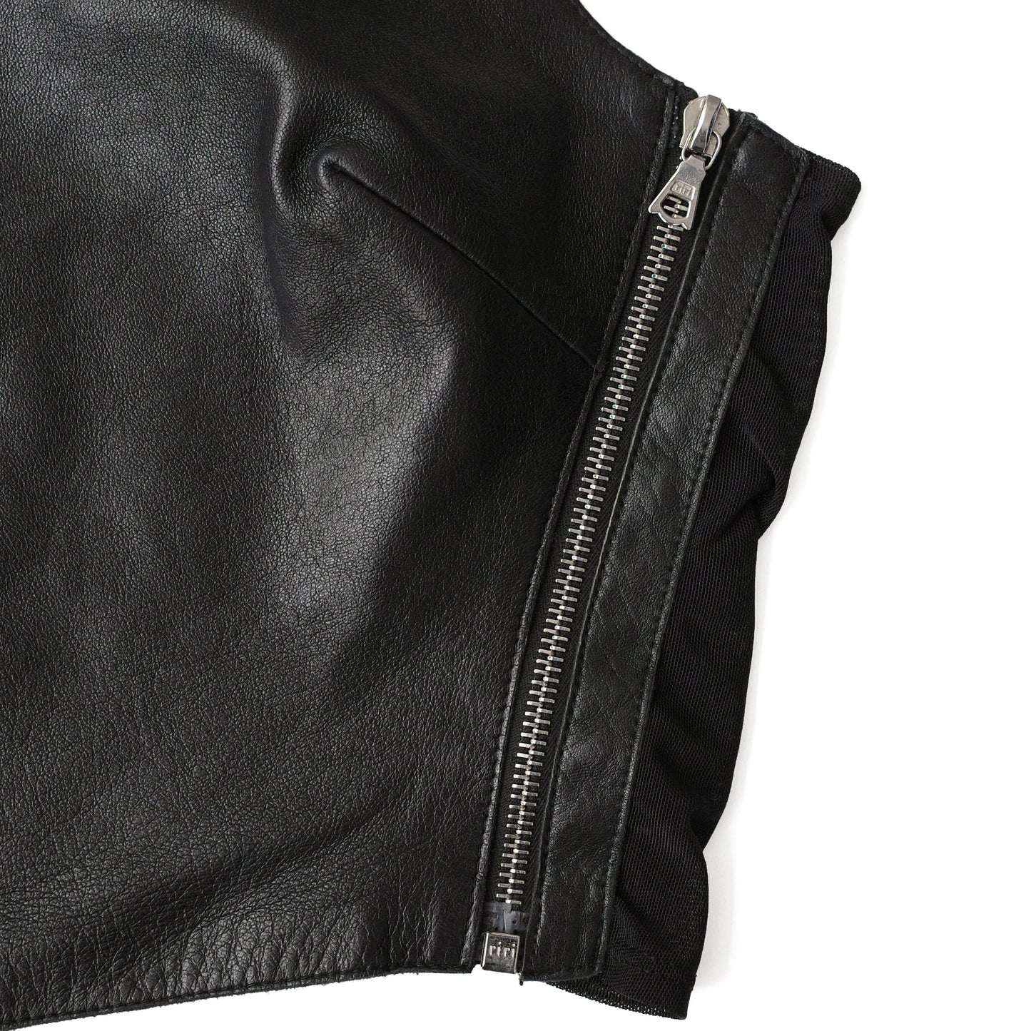 Plein Sud 2000s leather crop top with mesh side panels and zipper details. Size S/M. Available at Artefact Archive.