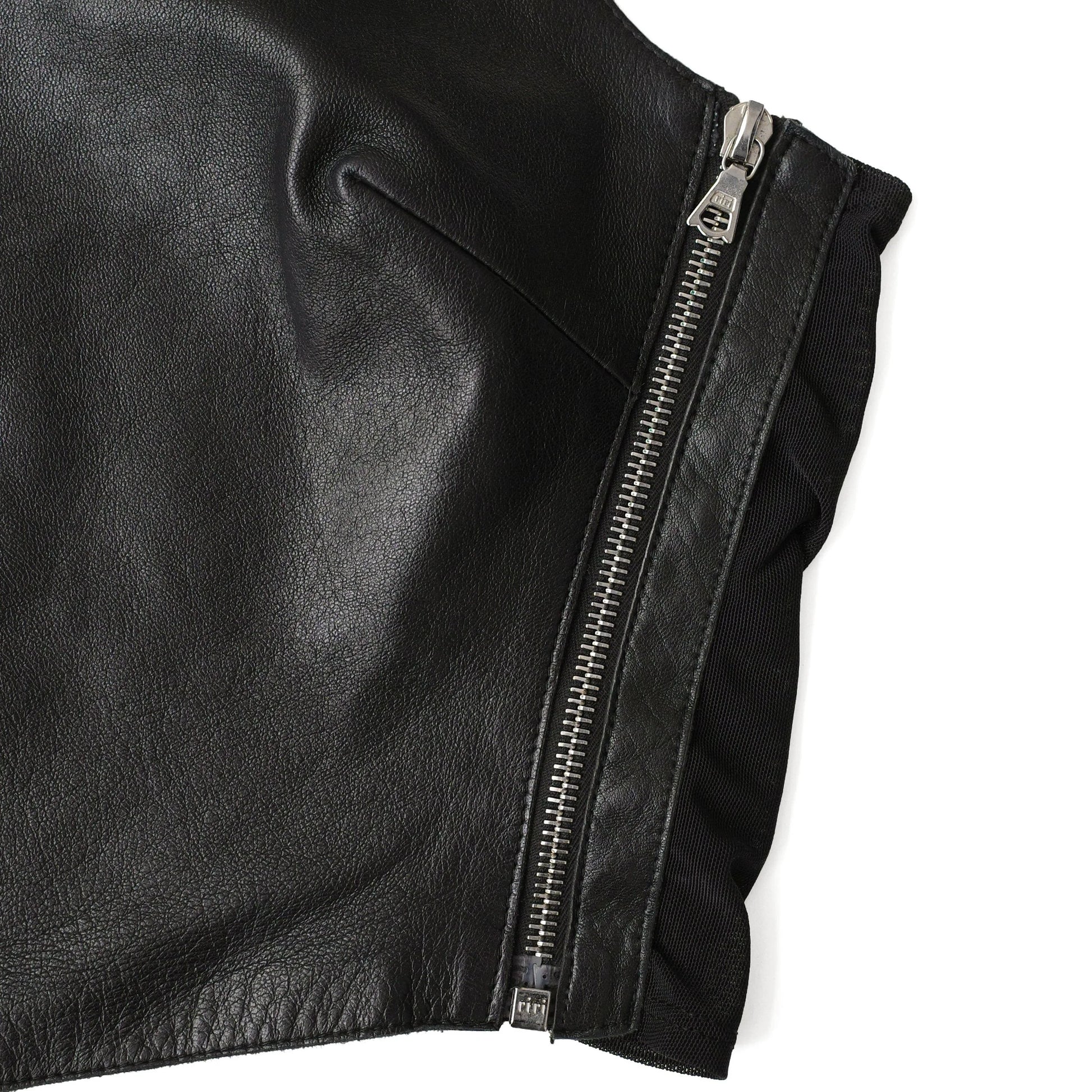 Plein Sud 2000s leather crop top with mesh side panels and zipper details. Size S/M. Available at Artefact Archive.