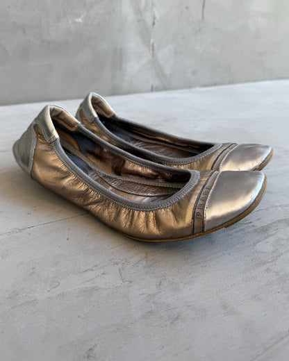 Prada White Gold and Silver Ballet Flat – EU 37-on a concrete background