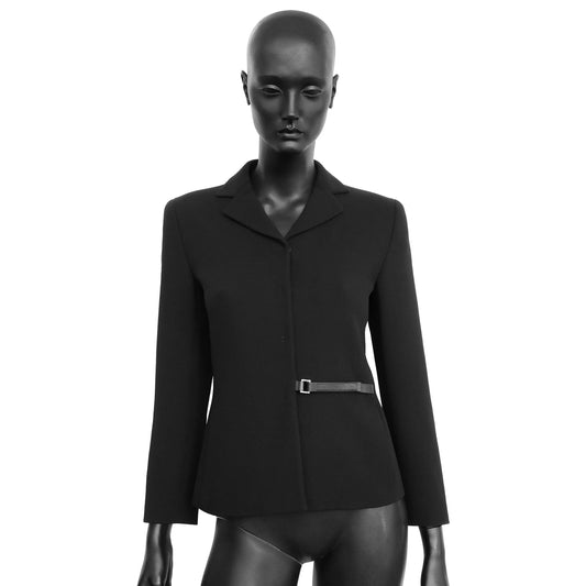 Prada FW 1999 wool blazer with a leather buckle strap velcro closure and leather trims. Size IT 40 / UK 8. Available at Artefact Archive.