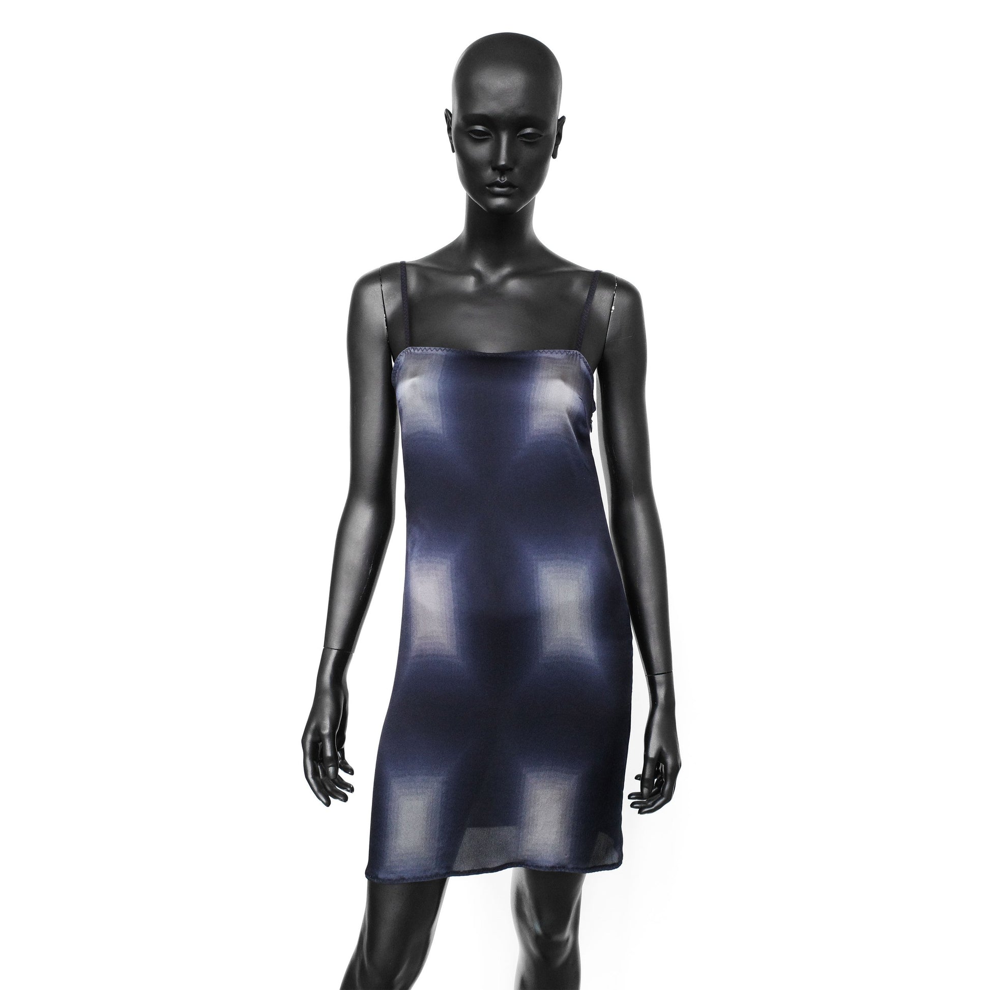 Prada SS 1998 semi-sheer silk slip dress with a pixelated print and mini length. Size IT 42 / UK 10. Available at Artefact Archive.