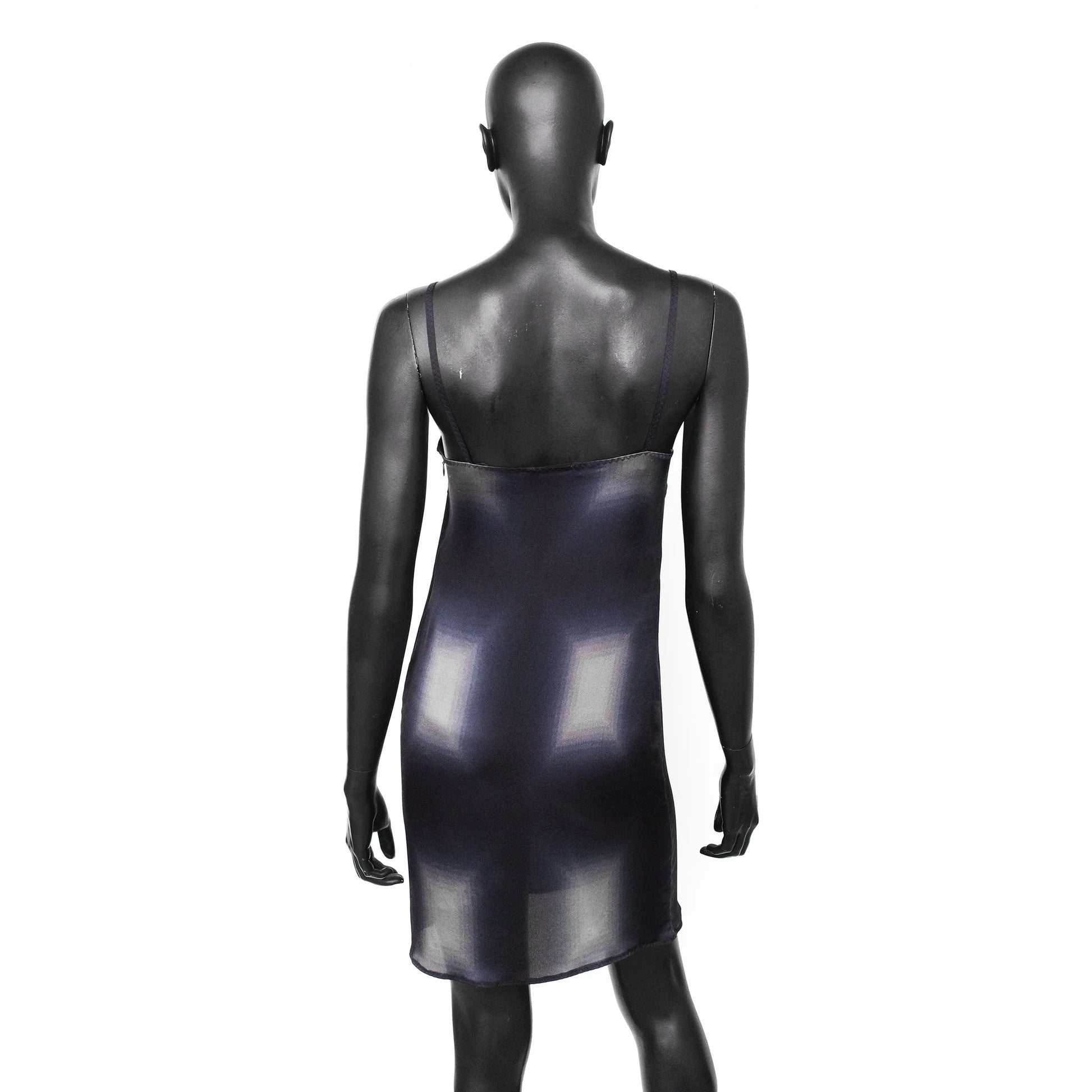 Prada SS 1998 semi-sheer silk slip dress with a pixelated print and mini length. Size IT 42 / UK 10. Available at Artefact Archive.