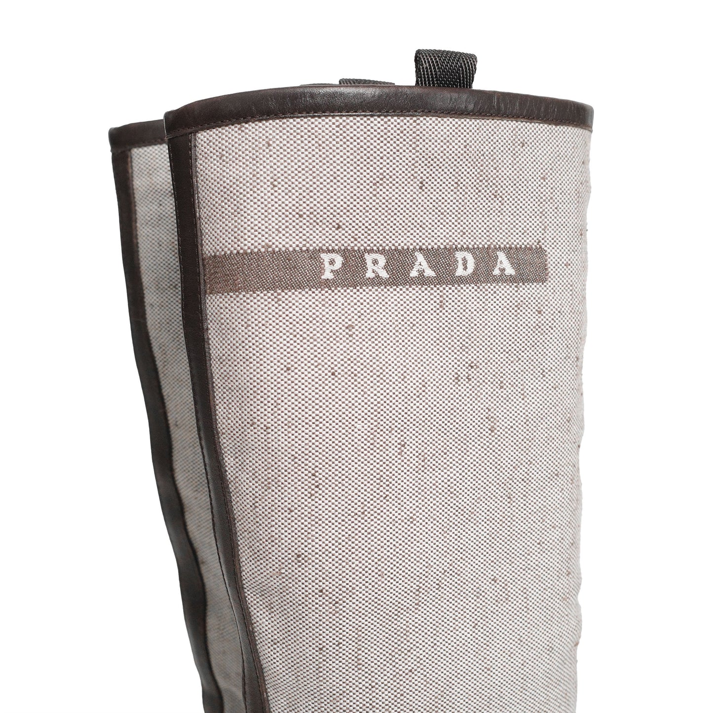 Prada SS 1999 split sole knee boots composed of canvas and leather. Size EU 37 / UK 4. Available at Artefact Archive.