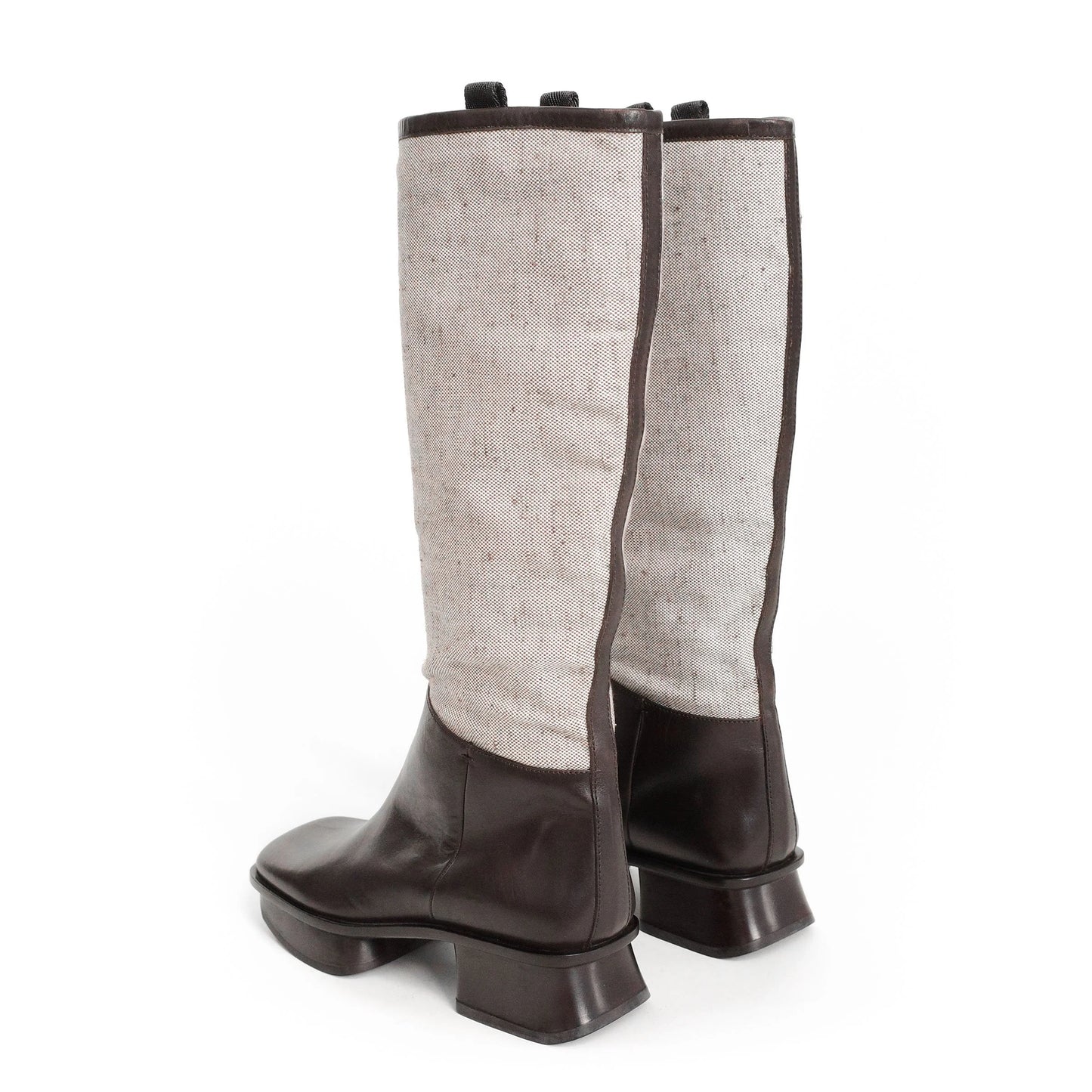 Prada SS 1999 split sole knee boots composed of canvas and leather. Size EU 37 / UK 4. Available at Artefact Archive.