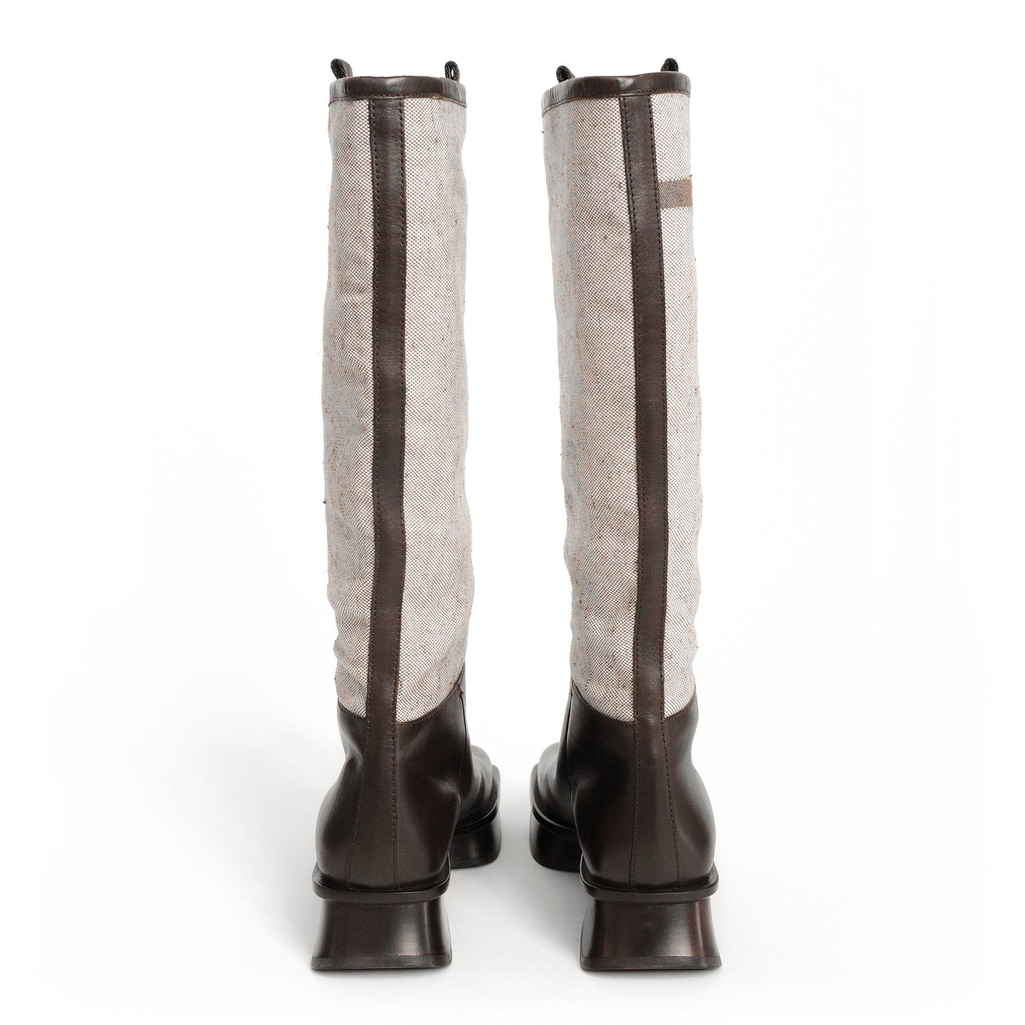 Prada SS 1999 split sole knee boots composed of canvas and leather. Size EU 37 / UK 4. Available at Artefact Archive.