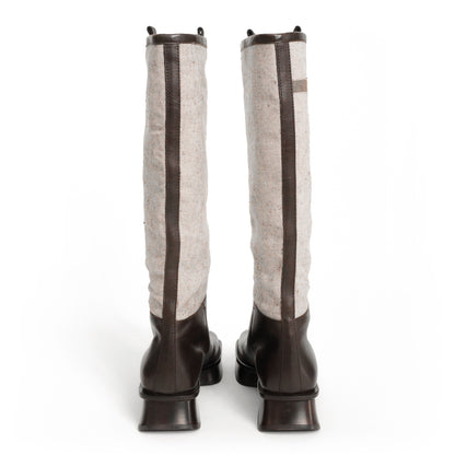 Prada SS 1999 split sole knee boots composed of canvas and leather. Size EU 37 / UK 4. Available at Artefact Archive.