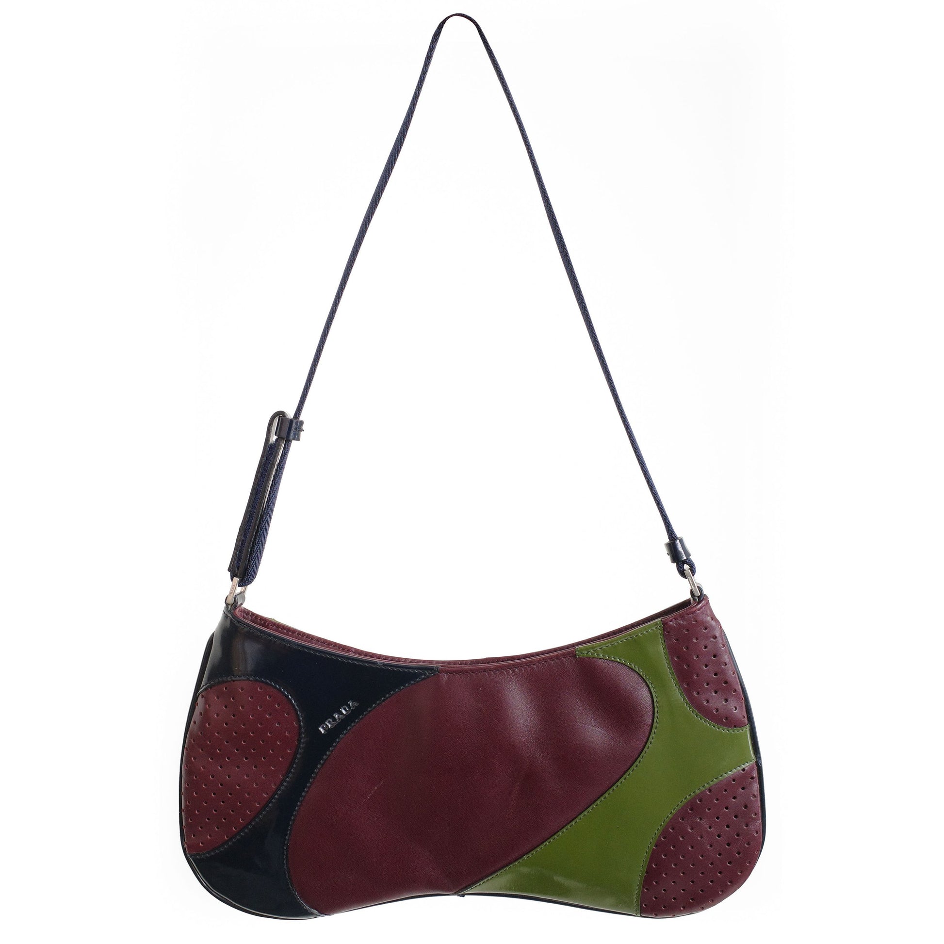 Prada SS 2000 Vitello Drive shoulder bag in burgundy leather with navy and green patent leather panels and perforated leather sections. Available at Artefact Archive.